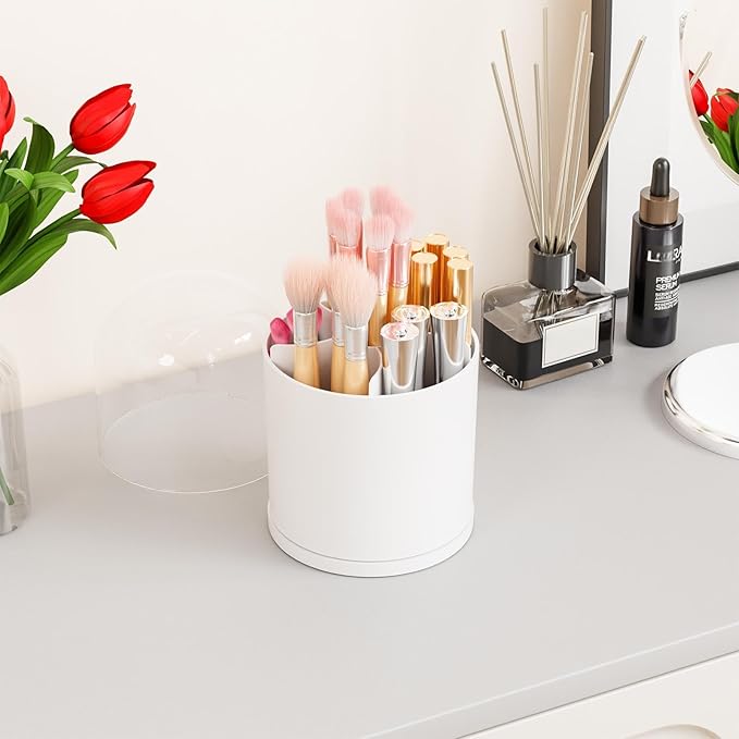 Yieach Rotating Acrylic Makeup Brush Holder with Lid for Vanity,Bathroom,Countertop,Covered Makeup Brushes Organizer,Round Spinning Cosmetic Brushes Holder and Make up Brush Storage with Cover,White
