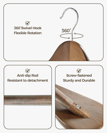 Premium Wooden Hangers 6-Pack – Wide Shoulder Non-Slip Design for Coats, Jackets & Suits | 360° Rotating Closet Organizers | Durable & Space-Saving (Vintage Wood)