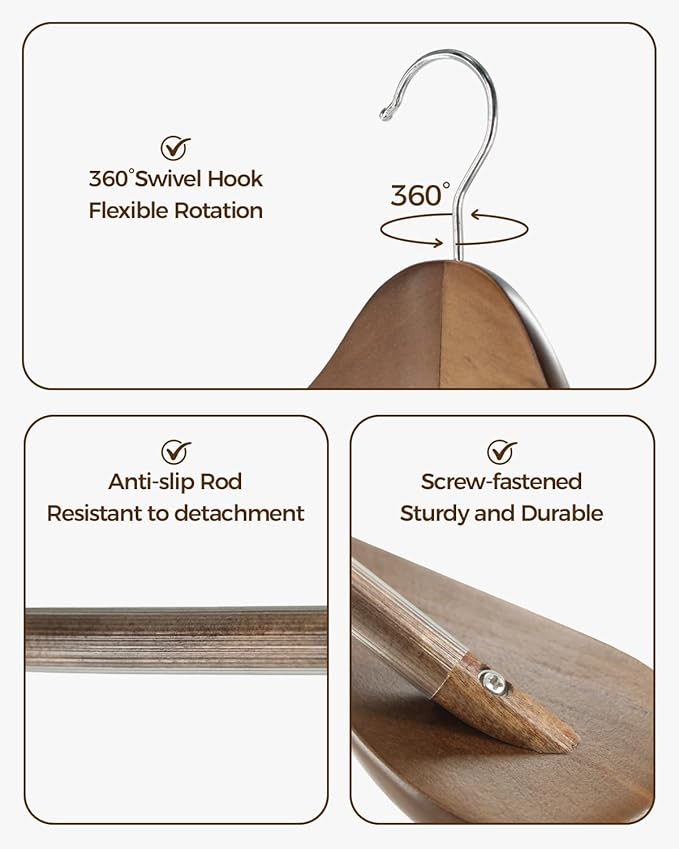 Premium Wooden Hangers 12-Pack – Wide Shoulder Non-Slip Design for Coats, Jackets & Suits | 360° Rotating Closet Organizers | Durable & Space-Saving (Vintage Wood)