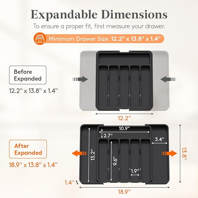 Lifewit Expandable Silverware Drawer Organizer for Kitchen, Adjustable Utensil Tray, BPA Free Plastic Flatware and Cutlery Holder for Spoons Forks Knives, 12.2"-18.9" x 13.8", Black
