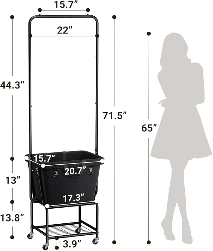 ELYKEN Laundry Cart with Hanging Rack, Rolling Laundry Hamper with Wheels, Laundry Basket with Removable Liner Bag and Shelf, Sturdy Metal Frame Dirty Clothes Basket for Hotel, Home, Closet, Dorm