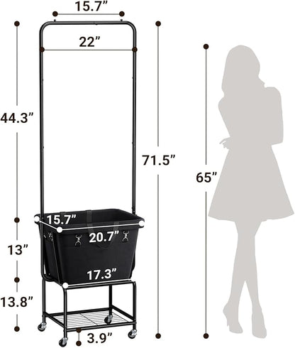 ELYKEN Laundry Cart with Hanging Rack, Rolling Laundry Hamper with Wheels, Laundry Basket with Removable Liner Bag and Shelf, Sturdy Metal Frame Dirty Clothes Basket for Hotel, Home, Closet, Dorm