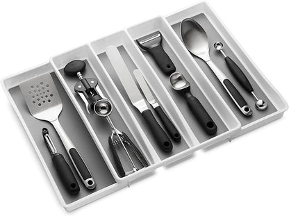 Expandable Utensil Tray Drawer Organizer, 5 Compartment Adjustable Serving Utensils Holder, Multi-Purpose Storage for Kitchen, Office, Bathroom Supplies