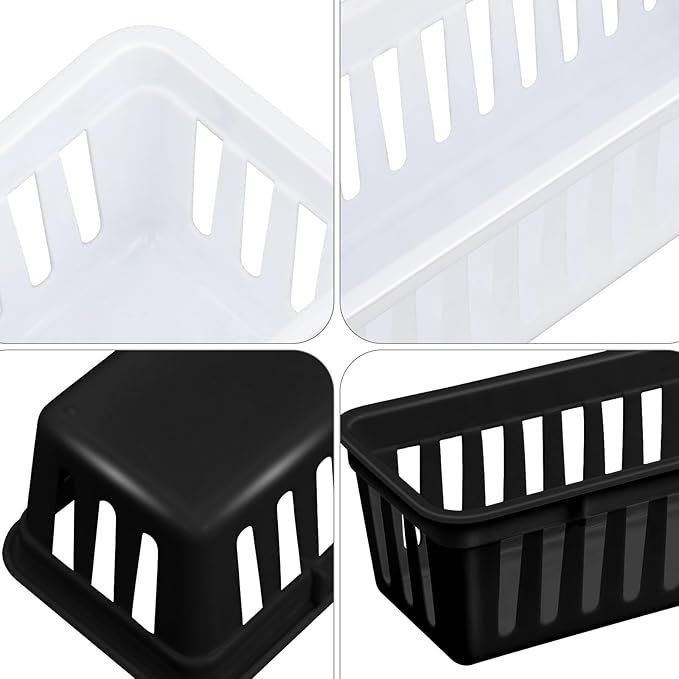 Domensi 12 Pack Slim Plastic Storage Baskets Tray for Organizing 10.25x3.25x2.5 Inch Small Narrow Storage Bins Stackable Drawer Pencil Trays Holder for Desk Garage Cabinet Container (White,Black)