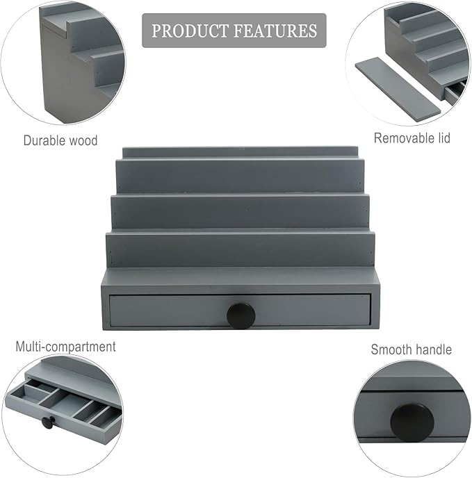 Cologne Organizer for Men - 4 Tier Wooden Grey Cologne Display Stand with Drawer and Hidden Compartment, Mens Cologne Perfume Holder Shelf for Organizing and Storing