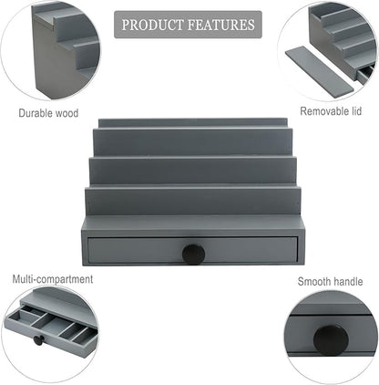 Cologne Organizer for Men - 4 Tier Wooden Grey Cologne Display Stand with Drawer and Hidden Compartment, Mens Cologne Perfume Holder Shelf for Organizing and Storing