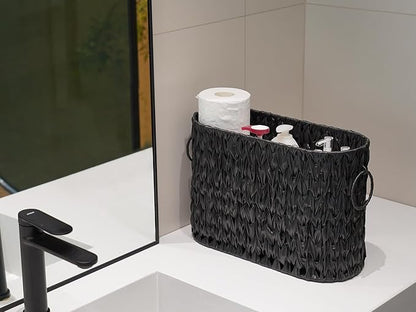Coeusy Black Toilet Paper Storage Basket,Large Free Standing Toilet Paper Organizer,Waterproof Narrow Wicker Basket for Bathroom,Under Sink,or Cabinet