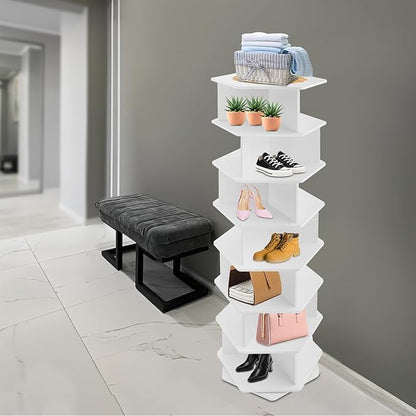 7-Tier Rotating Shoe Rack, 360° Spinning PVC Shoe Organizer with Hexagon Base, Free Standing Space Saving Design for Entryway, Cloakroom, Bedroom