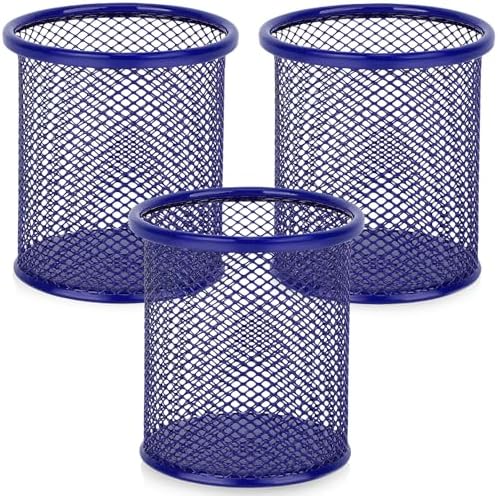 Segarty Pen Cup, 3 Pack Round Cute Dark Blue Pen Holder for Desk, Wire Mesh Pencil Holder Container Set, Desktop Organizer for Office Supplies, Maker, School, Home Storage, Makeup Brush by Segarty