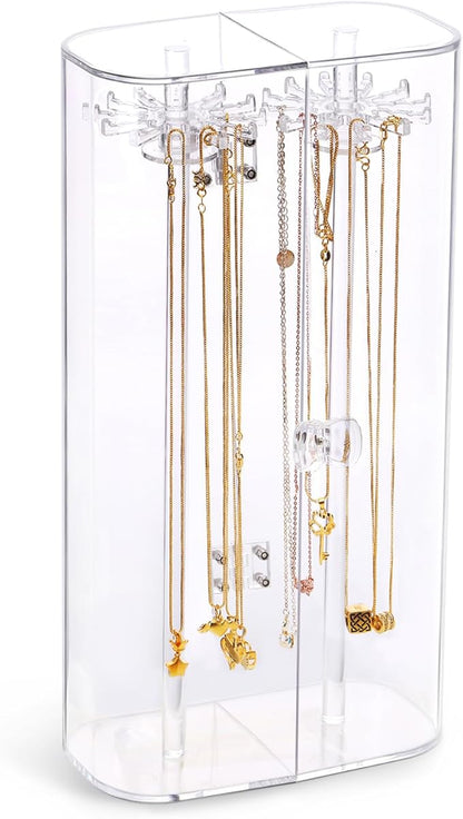 Spinning Tubular Acrylic Jewelry Storage Holder, Rotating Organizer - 24 Hooks for Dressing Table, Cosmetic Stations, Dresser, Bathroom Vanity Countertop - Holds Necklaces, Bracelets Clear