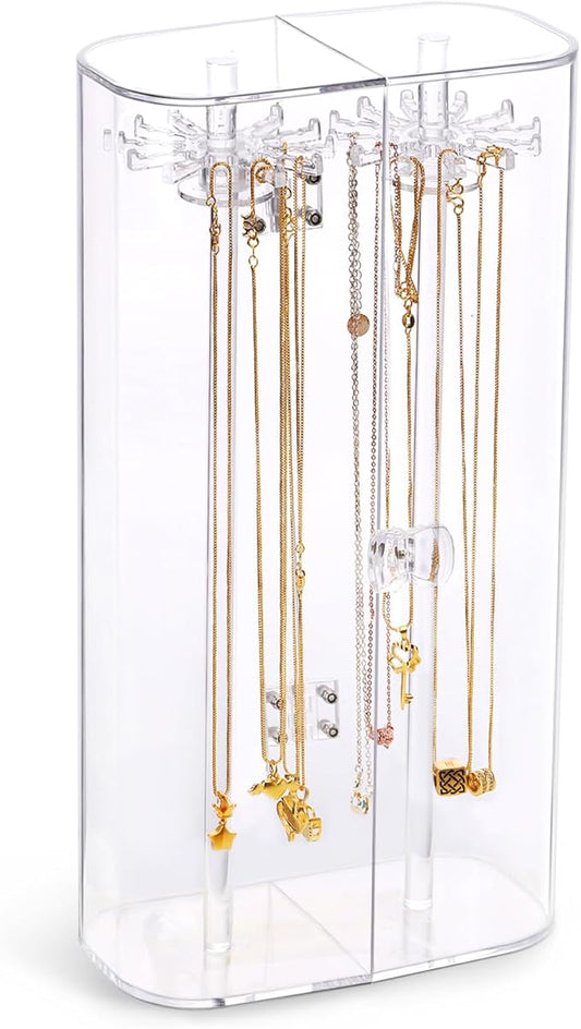 Spinning Tubular Acrylic Jewelry Storage Holder, Rotating Organizer - 24 Hooks for Dressing Table, Cosmetic Stations, Dresser, Bathroom Vanity Countertop - Holds Necklaces, Bracelets Clear