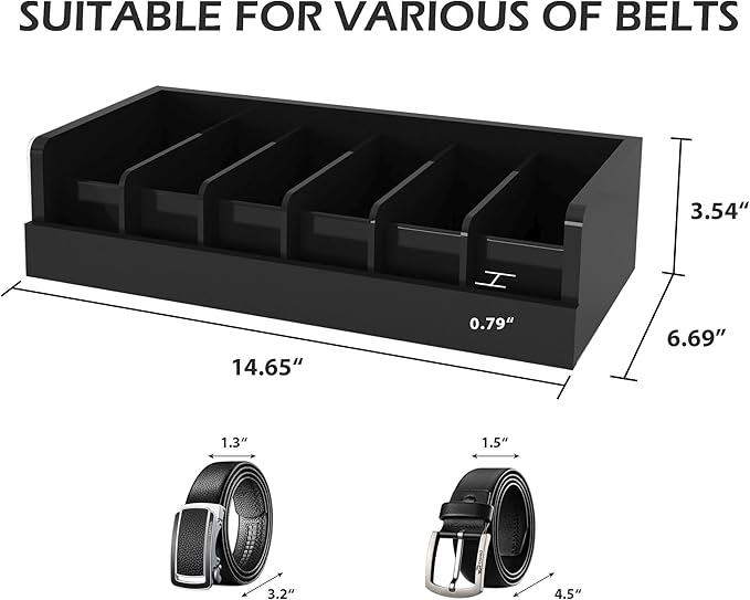Belt Organizer for Drawer - Bamboo Belt Storage Organizer | Belt Rack for Closet Wall Mount Men Women Tie Sock Bra Scarf Ribbon (Black, 6 Grids)