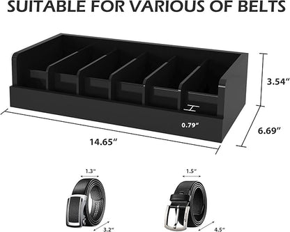 Belt Organizer for Closet - 6 Grids Black Bamboo Belt Storage Organizer Racks for Men Women's Drawer, Belt Display Holder Wall Mount with 2 Pcs Tie Clip