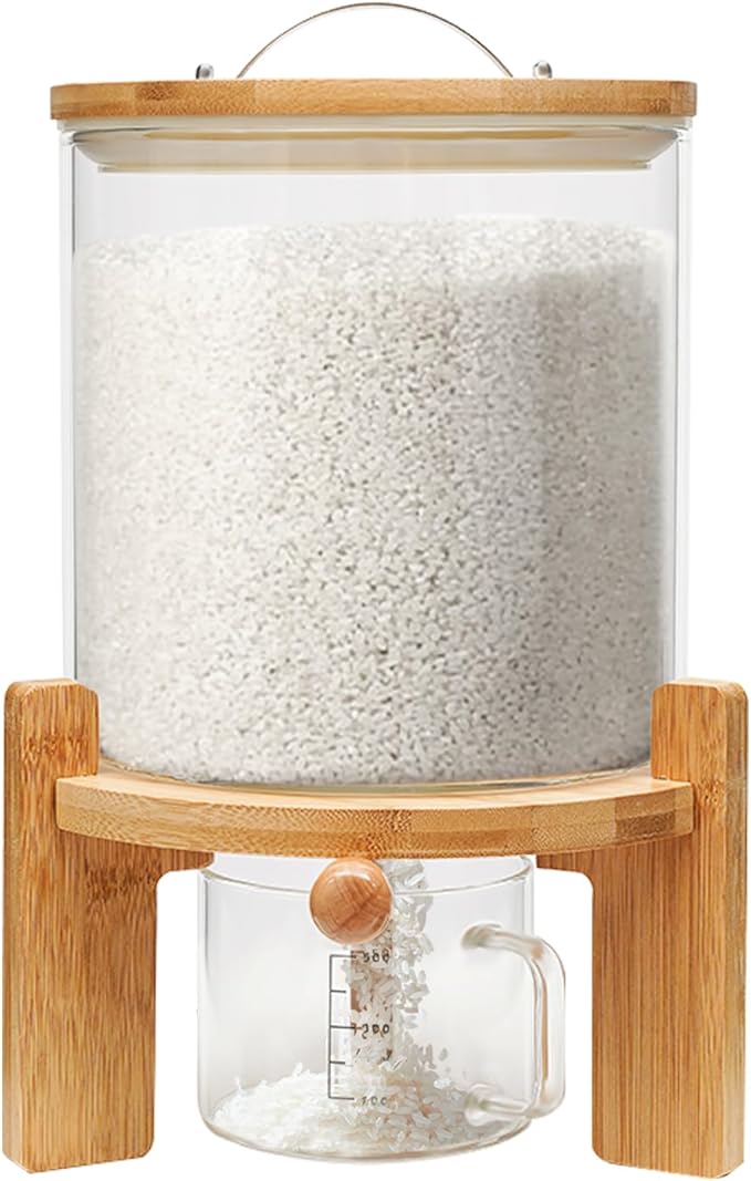 DYNAMI 5L/1.3Gal Glass Rice Dispenser with Airtight Lid,Glass Cereal Dispenser w/Bamboo Stand and Measuring Cup,Bamboo Lid with Thermometer & Silicone Seal Ring,for Kitchen Organization Pantry Store