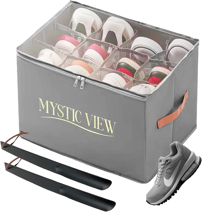 Shoe Organizer for Closet, With 2 Wood Shoes Horn Foldable Shoe Storage Containers Baskets Boxes Bins Adjustable Dividers