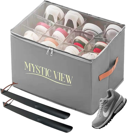 Shoe Organizer for Closet, With 2 Wood Shoes Horn Foldable Shoe Storage Containers Baskets Boxes Bins Adjustable Dividers