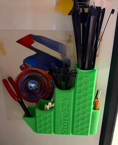 ZipStation Pro Zip Tie Organizer – 3 Tier Holder with Cutter Slot & Pen Storage – Magnetic Toolbox Organizer (Lime Green)