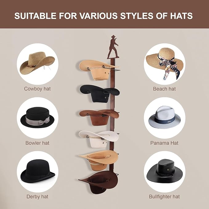 Cowboy Hat Rack Holder for Wall - Wild Western Style Design Hat Organizer with 6 Hat Hooks for Wall Mount, Hat Stand and Hanger for Storage and Organization，Gifts for Men Fathers Dad