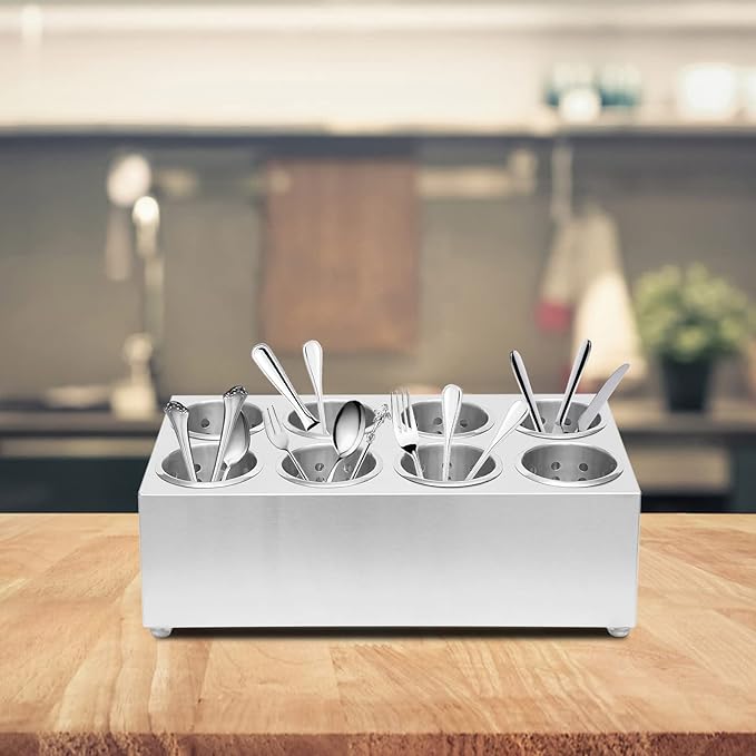 Commercial Utensil Holder, Commercial 6-Hole Stainless Steel Cylinder Flatware Silverware Utensil Holder Compact Cutlery Organizer Countertop Silverware Organizer for Restaurant (8-Hole)