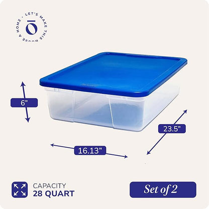 HOMZ 2-Pack Snaplock, Small Clear Plastic Storage Organizer Bins with Lids, 28 Quart, Blue - Stackable Container Boxes for Bedroom, Bathroom, Garage, and Office Organization
