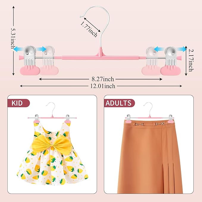 Clothes Pants Hangers with Wide Clips 20 Pack,Non-Slip Adjustable Skirt Hanger for Women,Space-Saving Heavy Duty Men Hangers for Pants,Trousers,Jeans,Shorts 12Inch Pink
