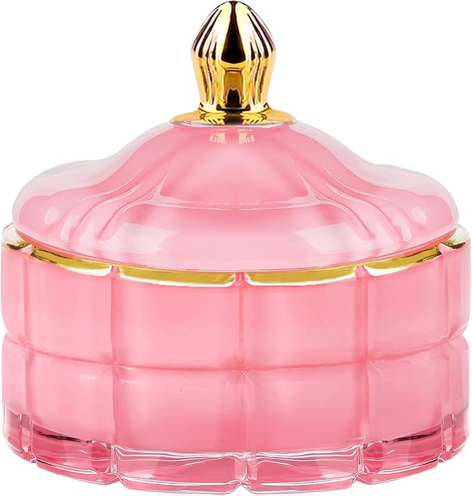 ALAMHI Glass Candy Dish Decorative Bowl, Apothecary Jars with Lids Bathroom Glass Jars for Cotton Ball or Cotton Swab Jewelry Storage Boxes with Lids, Crystal Pink Gifts for Women