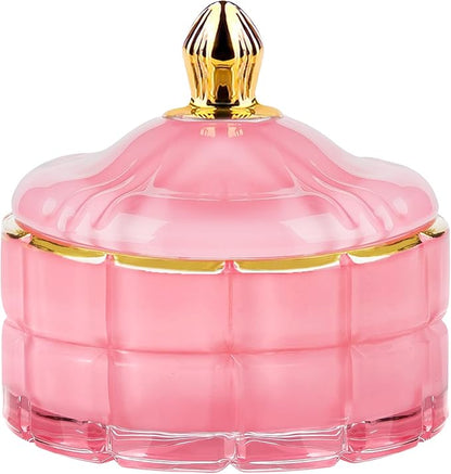 ALAMHI Glass Candy Dish Decorative Bowl, Apothecary Jars with Lids Bathroom Glass Jars for Cotton Ball or Cotton Swab Jewelry Storage Boxes with Lids, Crystal Pink Gifts for Women