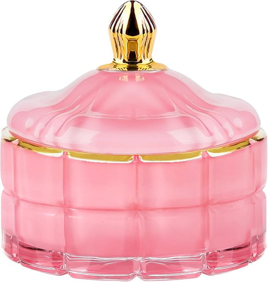 ALAMHI Glass Candy Dish Decorative Bowl, Apothecary Jars with Lids Bathroom Glass Jars for Cotton Ball or Cotton Swab Jewelry Storage Boxes with Lids, Crystal Pink Gifts for Women