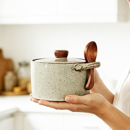 Ceramic Salt Cellar With Lid & Spoon,12oz Salt Container For Countertop,Sugar Bowl,Spice Jar(Coarse Pottery Color B)