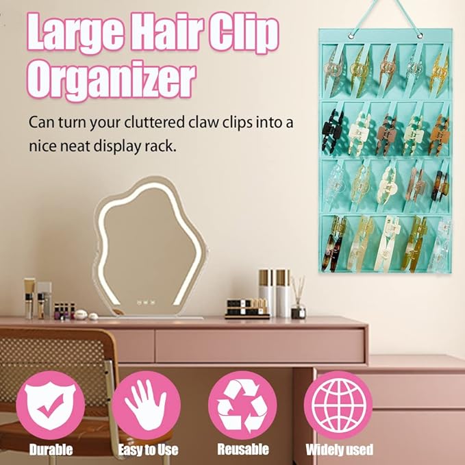 Claw Clip Organizer,Large Hair Clip Organizer,Premium Felt Hanging Claws Clips Storage Hanger for Girls Women Hair Clip,Banana Clip,Bows(NO Accessories) Display Stand for Wall Door Closet (Blue-green)