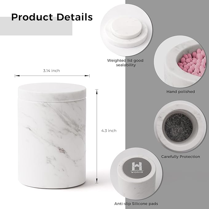 Marble Canister with Lid Natural Qtip Holder for Cotton Swabs, Balls, Pads, Floss Picks, Bath Salts - Vanity Makeup Storage Organizer Bathroom Essentials Accessories Decor White (DL011)