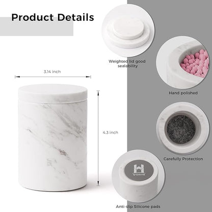 Marble Canister with Lid Natural Qtip Holder for Cotton Swabs, Balls, Pads, Floss Picks, Bath Salts - Vanity Makeup Storage Organizer Bathroom Essentials Accessories Decor White (DL011)