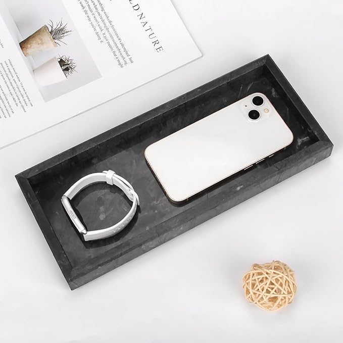 Marble Bathroom Vanity Tray, Natural Luxury Vanity Home Kitchen Bathroom Table Tray, Stone Decorative Countertop Dresser Trays for Key Coffee Perfume Jewelry Makeup (Black, 12"x 5" x1.2")
