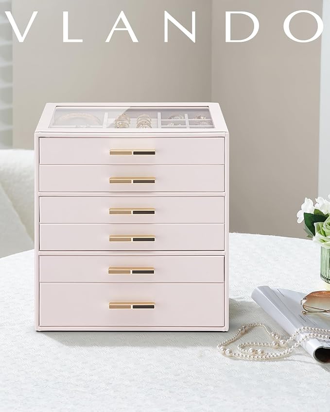 VLANDO 6 Layer Jewelry Box for Women, Glass Lid Jewelry Organizer with 6 Drawers for Necklaces Rings Earrings Bracelets - Light Pink