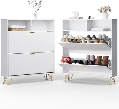 Shoe Cabinet Storage for Entryway, White Shoe Organizer with 2 Flip Drawers & Open Shelf, Hidden Large Shoe Storage Cabinet with Metal Legs, Freestanding Tipping Bucket Shoe Cabiet
