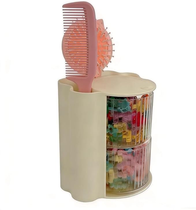 Hair Accessories Organizer with Hair Brush Holder, Rotatable Makeup Brush Holder for Necklaces, Earring, Bracelet, Ring, Makeup Brushes, Hair Clip and Hair Accessories (2 Layer Beige)