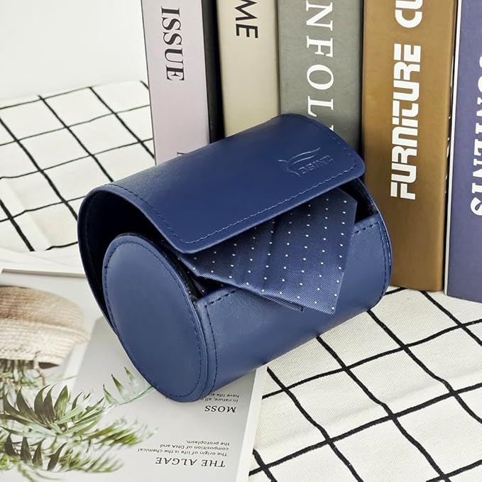 Leather Tie Case Box Organizer for Men's Necktie and Bow Tie Storage Travel Gift Box (round button, Blue, 4.3" x 3.3" x 3.3")