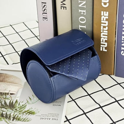 Leather Tie Case Box Organizer for Men's Necktie and Bow Tie Storage Travel Gift Box (round button, Blue, 4.3" x 3.3" x 3.3")