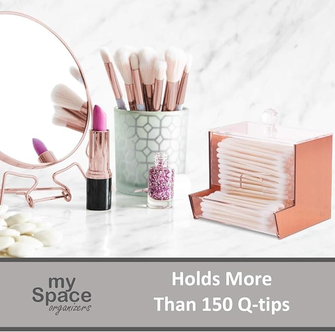 My Space Organizers Rose Gold Acrylic Qtip Holder for Qtip Brand Cotton Swab Holder, Qtip Dispenser, Modern Bathroom Decor Organizer for Countertop Vanity Storage (Rose Gold)