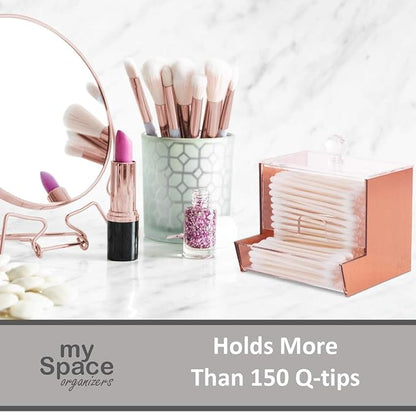 My Space Organizers Rose Gold Acrylic Qtip Holder for Qtip Brand Cotton Swab Holder, Qtip Dispenser, Modern Bathroom Decor Organizer for Countertop Vanity Storage (Rose Gold)