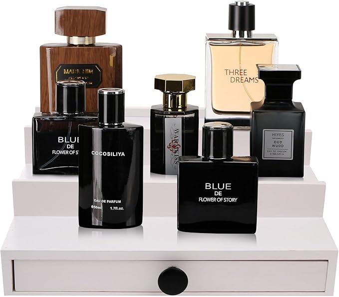 White Cologne Organizer for Men - 3 Tier Wooden Perfume Display Stand with Drawer and Hidden Compartment for Organizing and Storing, Cologne Holder Shelf for Dresser