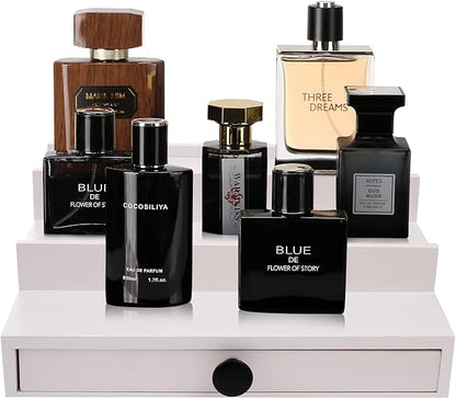 White Cologne Organizer for Men - 3 Tier Wooden Perfume Display Stand with Drawer and Hidden Compartment for Organizing and Storing, Cologne Holder Shelf for Dresser