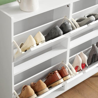 Haotian Ultra Thin Shoe Cabinet with 4 Flip-Drawers, Narrow Shoe Rack, Slim Shoe Storage Organiazer Entryway, White, FSR100-W, 7.5" D x 39.4" W x 35.6" H