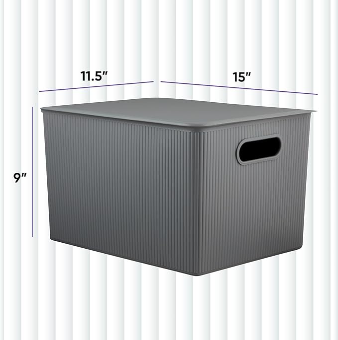 Decorative Plastic Basket Lidded Home Storage Bins Organizer Baskets, X-Large Grey (1 Pack - 22 Liter) Stackable Container Box, for Organizing Closet Storage Bins for Shelves - Ribbed Collection