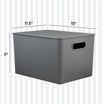Decorative Plastic Basket Lidded Home Storage Bins Organizer Baskets, X-Large Grey (1 Pack - 22 Liter) Stackable Container Box, for Organizing Closet Storage Bins for Shelves - Ribbed Collection