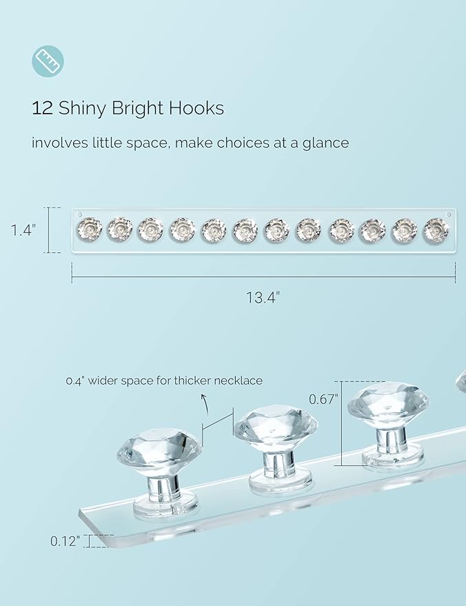 Mymazn 4 Pack Acrylic Necklaces Holder Hanging Jewelry Organizer Wall Mounted Necklace Hangers with 12 Hooks, Clear Jewelry Hangers for Necklace Organizer for Girls Women, Necklace Storage Organizer