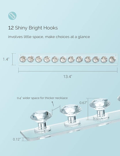 Mymazn 4 Pack Acrylic Necklaces Holder Hanging Jewelry Organizer Wall Mounted Necklace Hangers with 12 Hooks, Clear Jewelry Hangers for Necklace Organizer for Girls Women, Necklace Storage Organizer