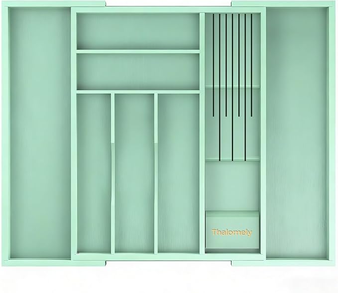 Bamboo Kitchen Drawer Organizer, Expandable Silverware Organizer with Removable Knife Block, 6-8 Slots- Utensil Holder & Cutlery Tray Drawer Dividers, 2.36" Deep for Extra Capacity, Cyan