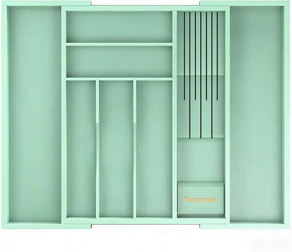 Bamboo Kitchen Drawer Organizer, Expandable Silverware Organizer with Removable Knife Block, 6-8 Slots- Utensil Holder & Cutlery Tray Drawer Dividers, 2.36" Deep for Extra Capacity, Cyan