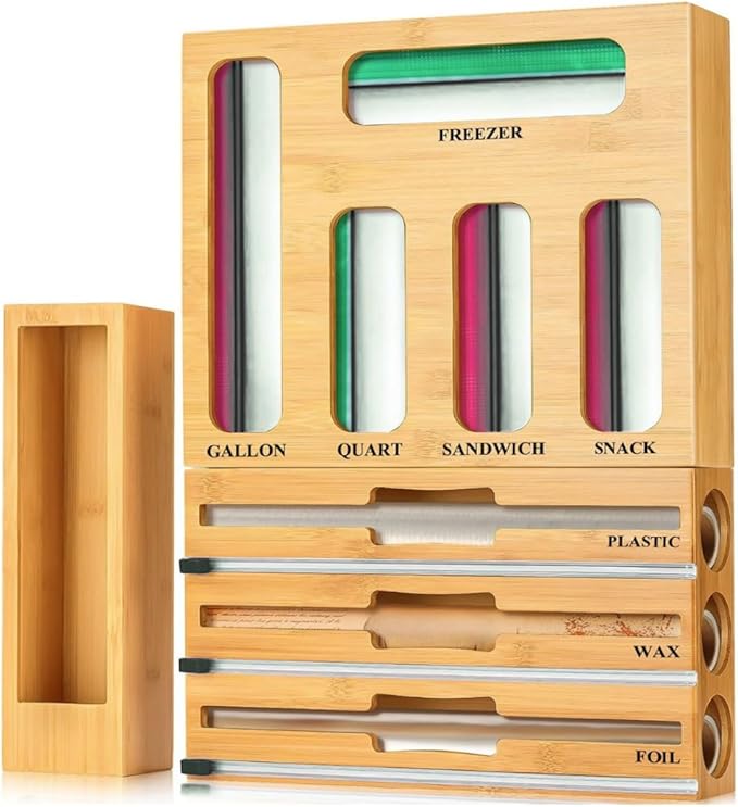 9 in 1 Storage Bag Organizer for Kitchen Drawer, Bamboo Foil and Plastic Wrap with Cutter, Ziplock Bag Organizer for Quart, Gallon, Sandwich & Snack Bags - Aluminum Foil Organizer